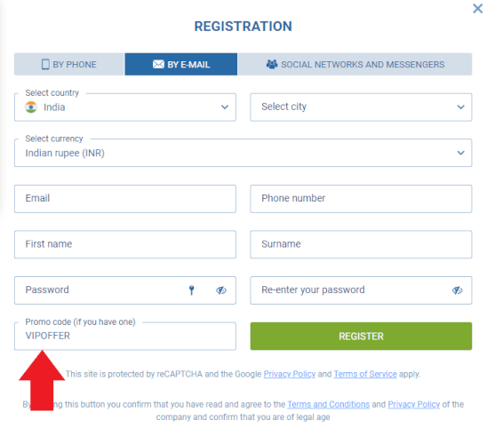 1xbet registration promo code