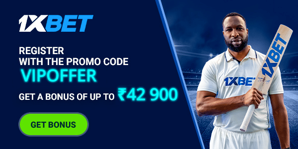 Banner showing the 1xBet promo code for India VIPOFFER, and the offer value