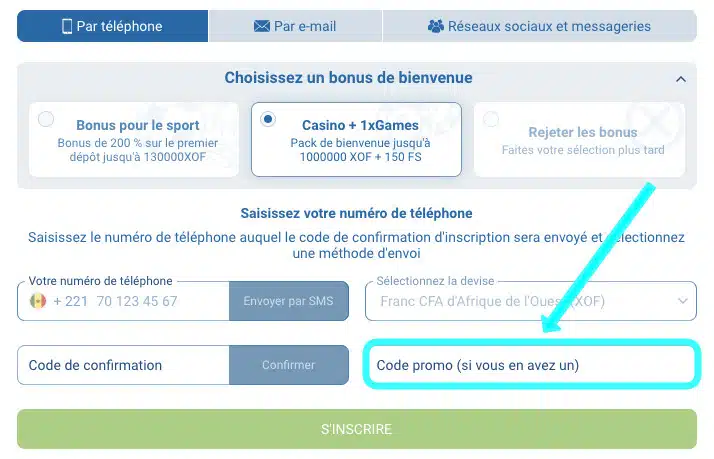 Saisir le code promo 1xBet lors de son inscription